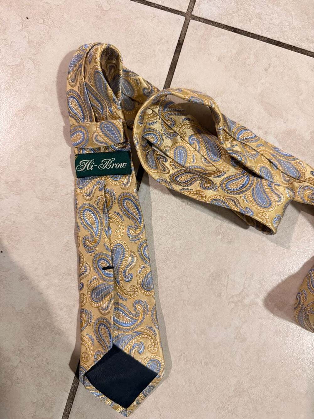 Hi-Brow Gold and Blue Silk Paisley Necktie Hand Made - Picture 3 of 8